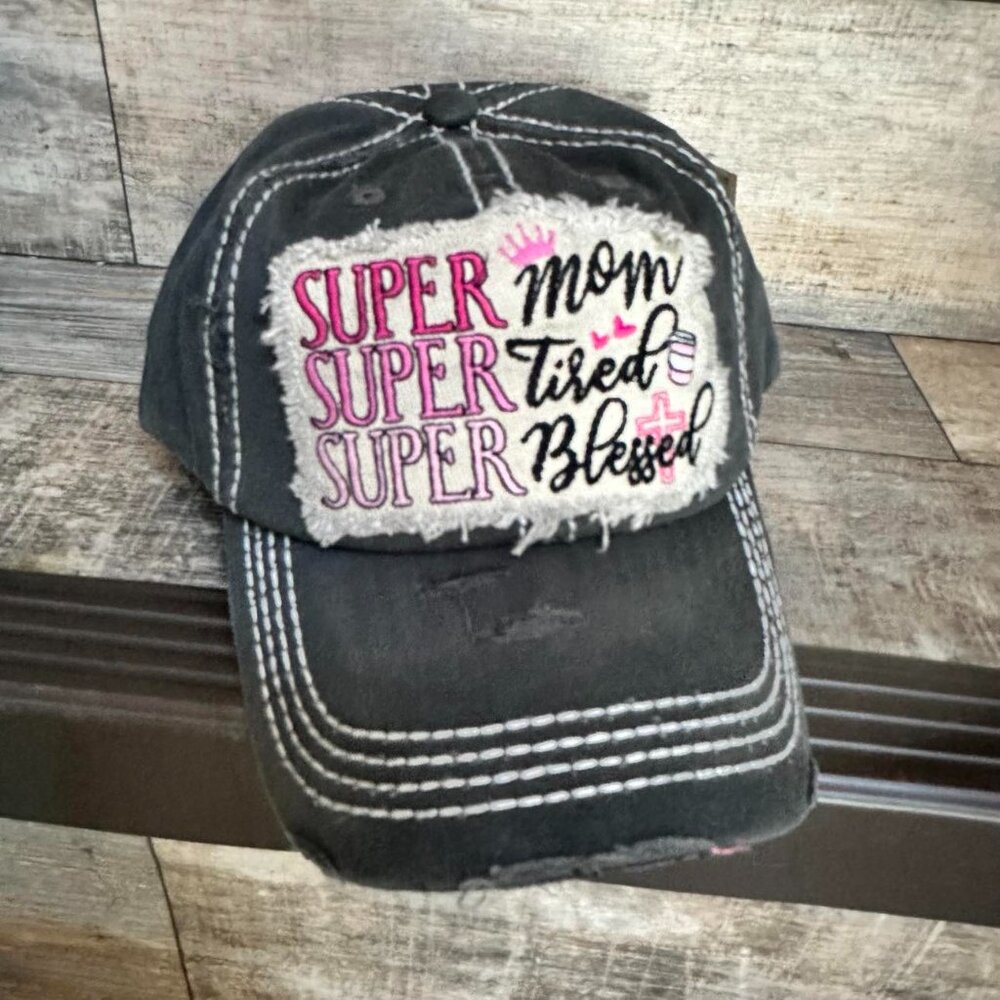 Kbethos Black Distressed Super Mom Womens Adjustable Baseball Cap